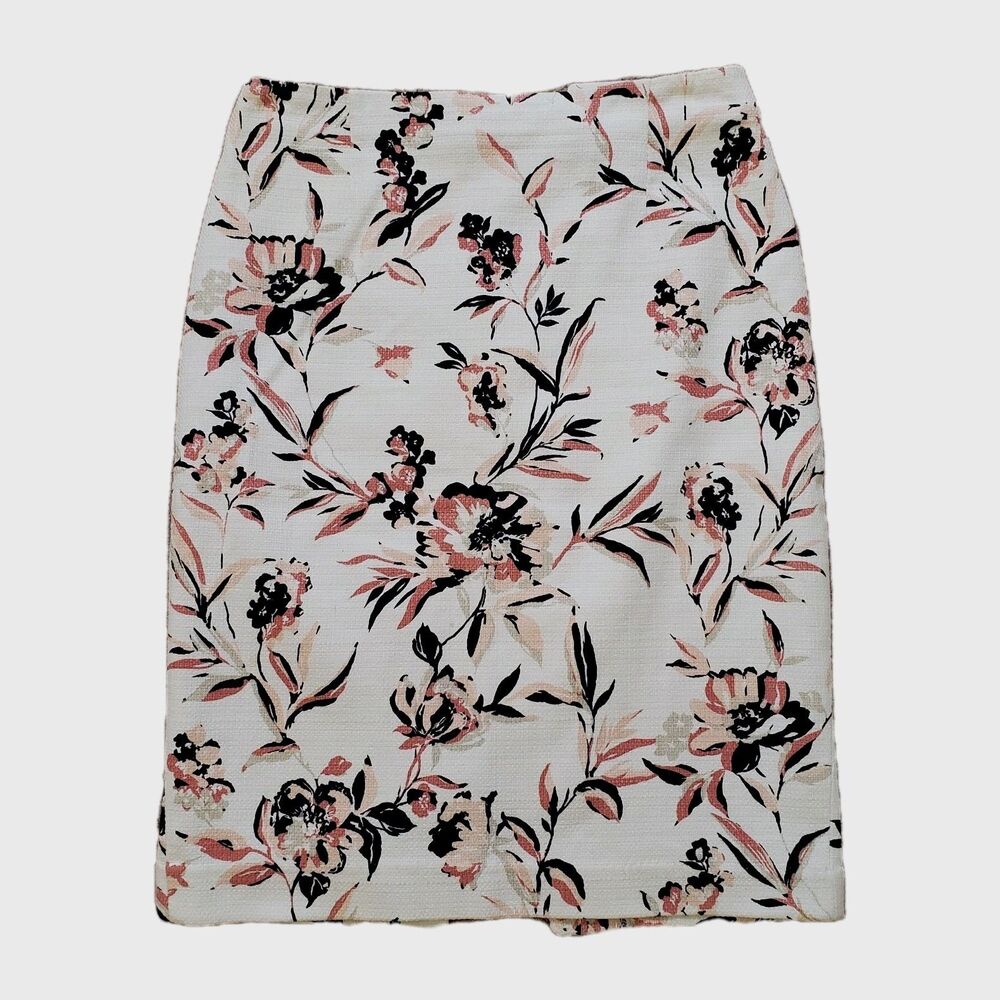 White House Black Market Floral Ivory Pencil Skirt Ecru Lined Size 0 Career Zip